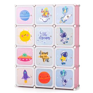 Armoire Portable Pour Enfants 12 Cubes Penderie Organisateur De Rangement 107x36x142 Cm Rose