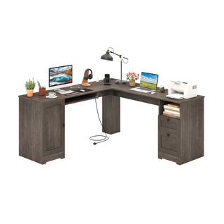 Bureau D'ordinateur En Forme De L Moderne Avec Prises De Courant 2 Tiroirs 168x168x76cm Gris