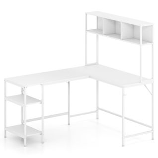 Bureau En L Avec Rangement Table D'angle Pour Ordinateur Avec Étagères Et Accroche-casque Blanc