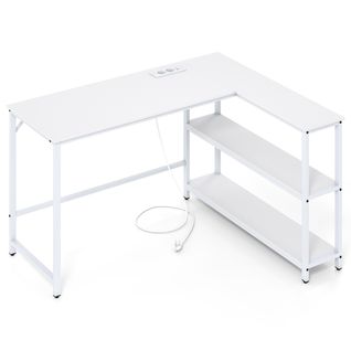 Bureau En L Station De Recharge Bureau D'angle Pour Ordinateur Avec Étagères Table De Jeu Blanc