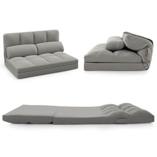 Canapé Lit Convertible Velours Pliable Dossier Réglable à 6 Niveaux Avec 2 Coussins Gris Clair