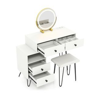 Coiffeuse Avec Miroir Et Lumières Ensemble Moderne Avec Station De Charge Miroir Rotatif 4 Tiroirs