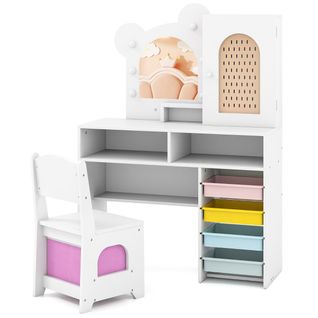 Coiffeuse Pour Enfants Avec Lumières Avec Fauteuil 5 Tiroirs Et 2 Compartiments Armoire à Porte
