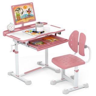 Ensemble De Bureau Et Chaise Pour Enfant Bureau D'étude Hauteur Réglable Plateau Inclinable Rose