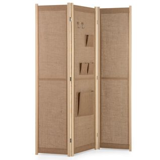 Paravent De Confidentialité Pliable à 4 Panneaux Lin Synthétique Avec Sacs 170x121 Cm Beige