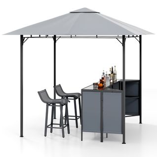 Tonnelle De Bar De Patio En 3 Pièces 245x245cm Avec 2 Tabourets De Bar Abri Barbecue Double Toit