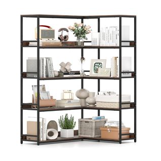 Bibliothèque En L à 5 Niveaux Bibliothèque D'angle Étagère 180cm Avec Cadre En Métal Brun