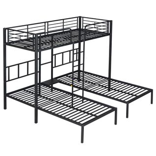 Lit Superposé Triple 90x200 Cm En Fer Avec Grille Antichute Et Table, Noir