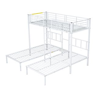 Lit Superposé Triple 90x200 Cm En Fer Avec Grille Antichute Et Table, Blanc