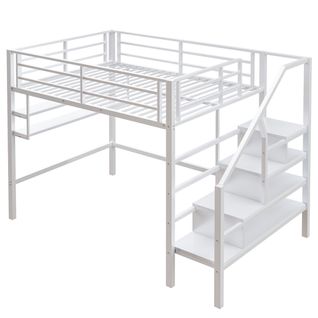 Lit Mezzanine 140x200cm, Étagères, Échelle, Rangement Sous Lit, Garde-corps, Blanc