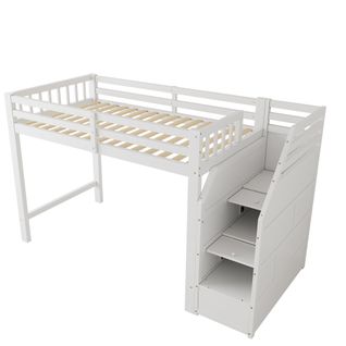 Lit Mezzanine 90x200cm, Sommier à Lattes, Garde-corps, Marches Escamotables, En747, Blanc