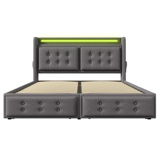 Lit Capitonné 180x200, LED+usb-c+4 Tiroirs, Sommier Bois/métal, 300kg, Gris, Coton