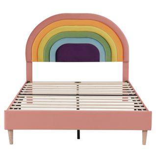 Lit Capitonné 140x200, Tête De Lit Réglable, Sommier, Montage Facile, Velours, Rose