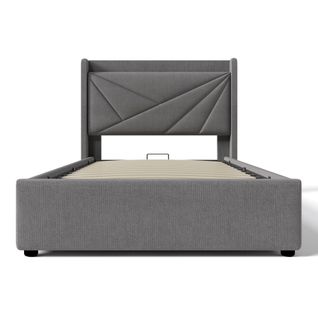 Lit Simple 90x200, USB-c+éclairage, Tête De Lit Rangement, Lin, Sommier