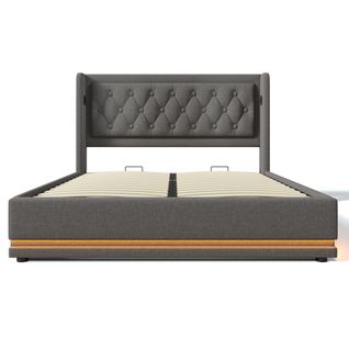 Lit Double 180x200 Hydraulique, USB-c+led 3 Faces, Tête Capitonnée, Coton Gris