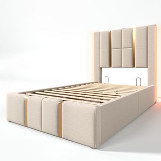 Lit Simple 90x200, USB-c+app Control LED, Sommier Bois, Lin Beige