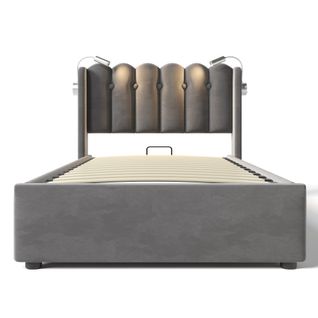Lit Simple 90x200, Éclairage+usb, Tête De Lit Rangement, Velours Gris