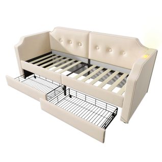 Canapé-lit Avec Lampe USB Et 2 Tiroirs, Velours Beige, 90x200 Cm