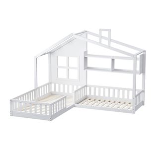 Lit Cabane Maison Avec Étagères Et Barrière, 90x200 Cm