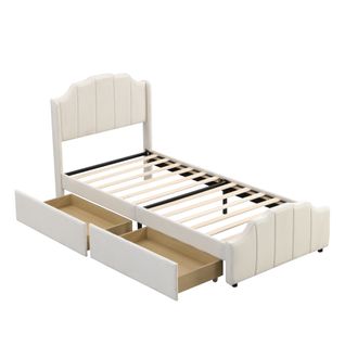 Lit Double Rembourré Velours Avec 2 Tiroirs, Beige, 90 X 200 Cm