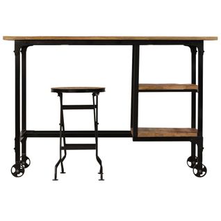Bureau Droit - Bureau D'ordinateur Avec Tabouret Pliant Bois De Manguier Massif 115x50x76cm