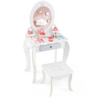 Coiffeuse Et Tabouret Enfants Miroir Ovale Amovible, Tiroir - Table Cosmétique Pour 3+ Ans Blanc