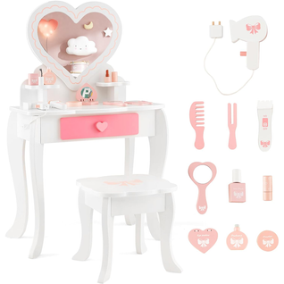 Coiffeuse Et Tabouret Enfants Avec Miroir Amovible 10 Jouets D'habillage Tiroir Pour 3+ Ans Blanc