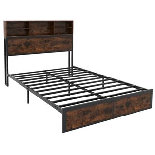 Lit Double Lit Contemporain Cadre De Lit 140x200cm Avec Station De Charge Tête De Lit Marron