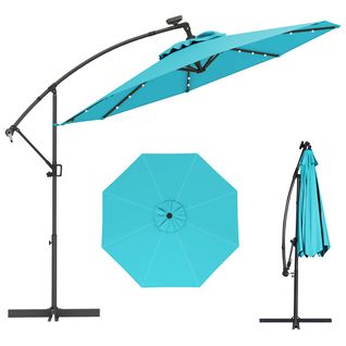 Parasol Déporté 3m Avec 24 Lumières LED Solaires Rotatif 360° Angle Réglage Base Croisée Manivelle