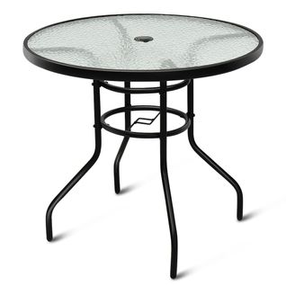 Table De Jardin, Table D'extérieur Ronde Plateau En Verre Trempé 80x80x72cm Noir