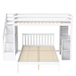 Lit Superposé Enfant 90x200 Cm + 120x200 Cm Avec Escalier De Rangement Et Bureau - Bois Massif Blanc