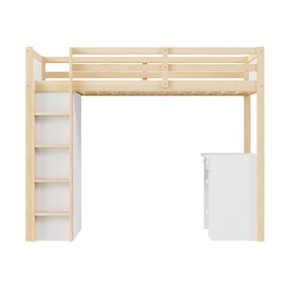 Lit Mezzanine 90x200 Cm - Avec Meubles De Rangement Et Un Bureau - En Bois Massif - Naturel