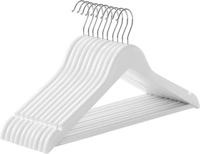 Cintre Bois, Lot De 10, Avec Encoches Antiglisse, Crochet Pivotant 360°, Blanc Et Argent