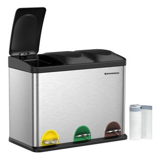 Poubelle De Tri, En Acier Inoxydable, 45l, 3 X 15l, Avec Seaux Intérieurs, Argent Et Noir