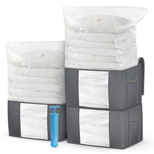 Lot 3 housses de rangement Non Tisse Xxl Gris + 3 sacs sous vide + 1 pompe