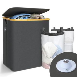 Panier à Linge Pliable 145l Avec Sac Intérieur Cadre Bambou Et Couvercle Gris
