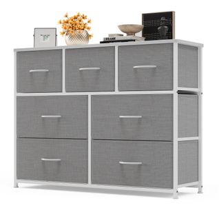 Commode De Chambre 7 Tiroirs En Tissu Cadre En Plastique Réglable Rangement Meuble Gris