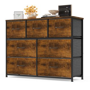 Commode De Chambre 7 Tiroirs En Tissu Cadre En Plastique Réglable Rangement Meuble Marron Vintage
