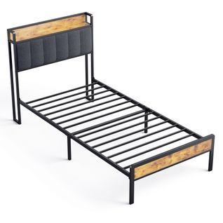 Lit Simple 90 X 200 En Métal Avec Tête De Lit Capitonnée En Tissu Pour Rangement Gris Foncé