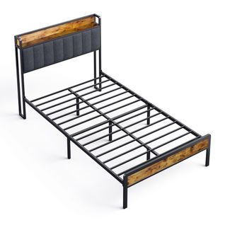 Lit Simple 120 X 200 En Métal Avec Tête De Capitonnée En Tissu Pour Rangement Noir Et Gris Foncé