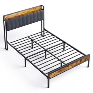 Lit Adulte 140 X 200 En Métal Avec Tête De Capitonnée En Tissu Pour Rangement Noir Et Gris Foncé