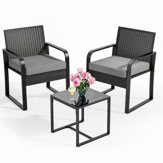 Jardin 2 Places Set De Acier Avec Coussin Table Verre Trempé Ensemble De Meuble Pour Patio Gris