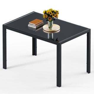 Table à Manger Verre Trempé Rectangle 6 Personnes Cadre Pied En Metal Noire 130 X 70 X 75 Cm