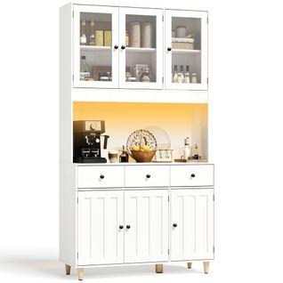 Buffet De Cuisine Blanc, Buffet Haut Avec 3 Tiroirs Et 6 Portes