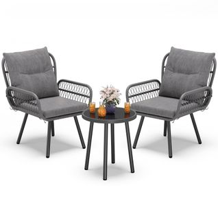 Salon De Jardin 2 Places, Table Verre Trempé，fauteuil En Rotin Pour Deux Personnes,gris Clair