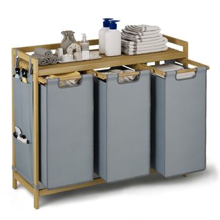 Panier à Linge Sale Bambou Avec 1 Étagère De Rangement 3 Sacs Amovibles En Tissu 94x33x78 Cm