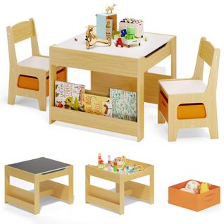 4 En 1 Table Enfant Avec 2 Chaises Et Plateau Double Face Et Tableau Noir Table Et Chaises Naturel