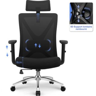 Fauteuil de bureau ergonomique, chaise de bureau avec support lombaire 5D