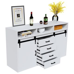 Buffet long coulissant avec 4 tiroirs et 2 portes coulissantes – 140 × 80 × 40 cm | Blanc