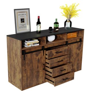 Buffet long coulissant avec 4 tiroirs et 2 portes coulissantes – 140 × 80 × 40 cm | Brun